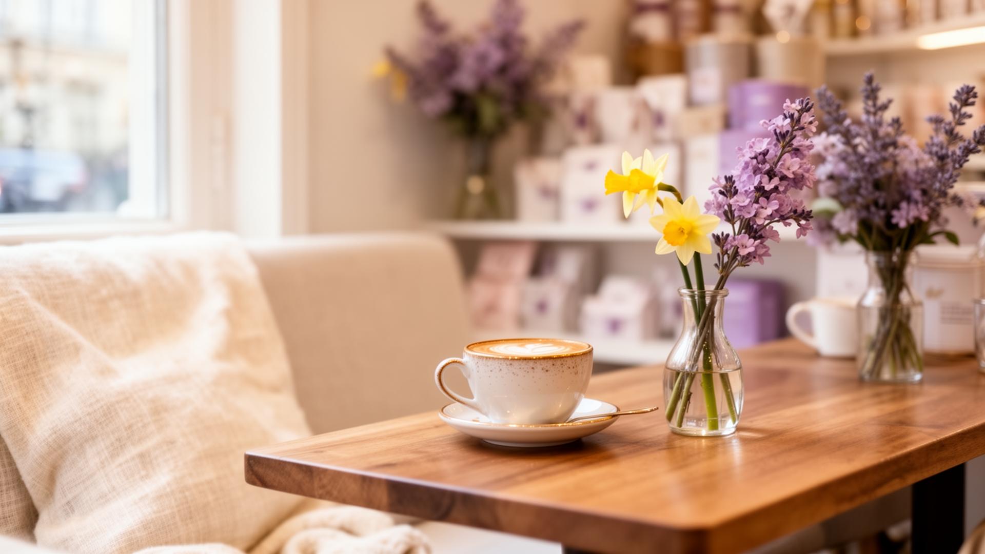 Cozy boutique café with daffodils and lavender